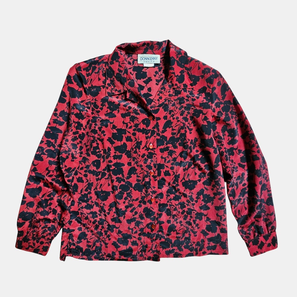 Donnkenny Petite Floral Crinkle Plisse Button Front Blouse Top M Textured 90s